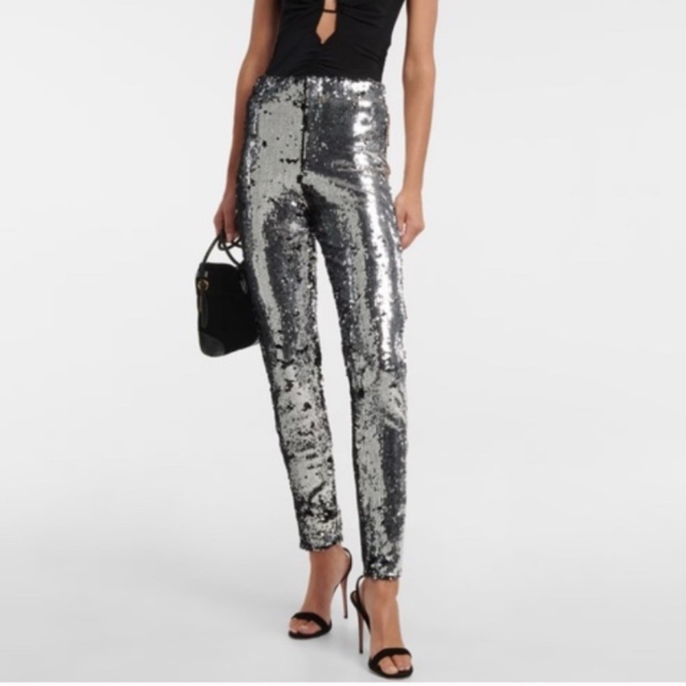 Isabel Marant Silver Metallic Mid Rise Skinny Sequin Leggings 40 / US 8